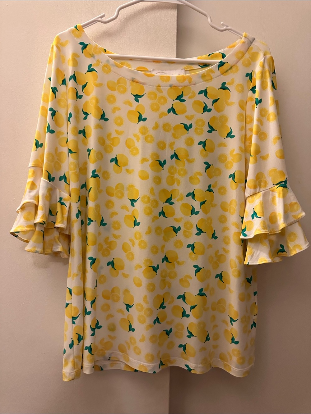 Pappagallo White Top with Yellow Lemon Print and Ruffle Sleeves Aesthetic L